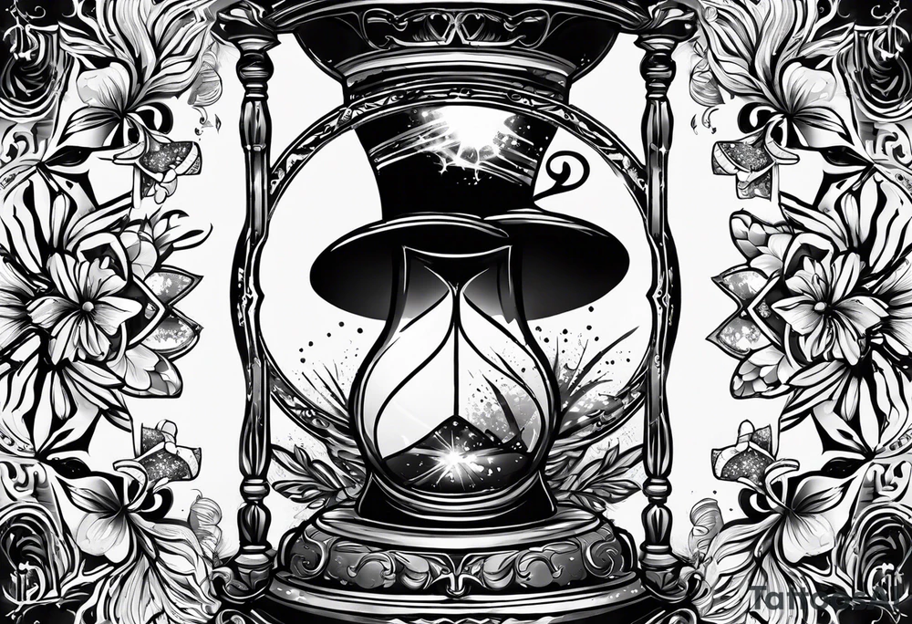 I want a tattoo-inspired design for a t-shirt that features a bold and detailed hourglass with galaxy tattoo idea