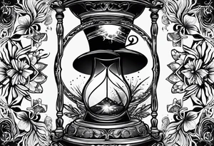 I want a tattoo-inspired design for a t-shirt that features a bold and detailed hourglass with galaxy tattoo idea