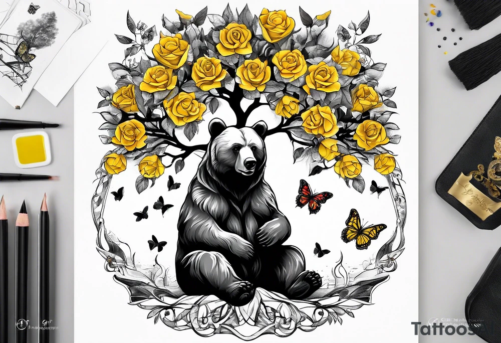 A bear sitting under the tree of life with three yellow roses, and three butterflies tattoo idea