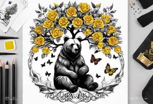 A bear sitting under the tree of life with three yellow roses, and three butterflies tattoo idea