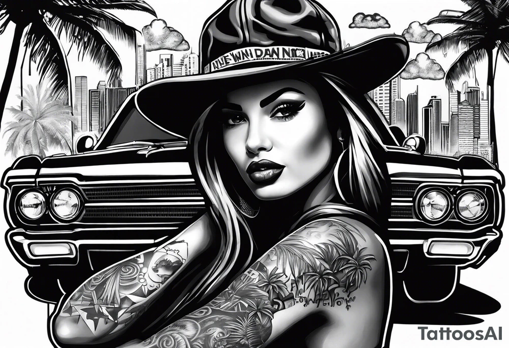 i want a leg tattoo design to be black and white collage with a mix of urban, graffiti, and street art styles. She must wear a cap with graffiti-style lettering on it.Palm trees are integrated into the background, suggesting a tropical or Californian vibe. Below the woman's portrait, there must be a depiction of a classic lowrider car, adding to the urban feel. The words "Live Now" are written in a dynamic, flowing script across the design, further emphasizing the theme of living in the moment. The overall style is a mix of realism and abstract elements, with splashes, drips, and various textures creating a layered, graffiti-inspired aesthetic tattoo idea