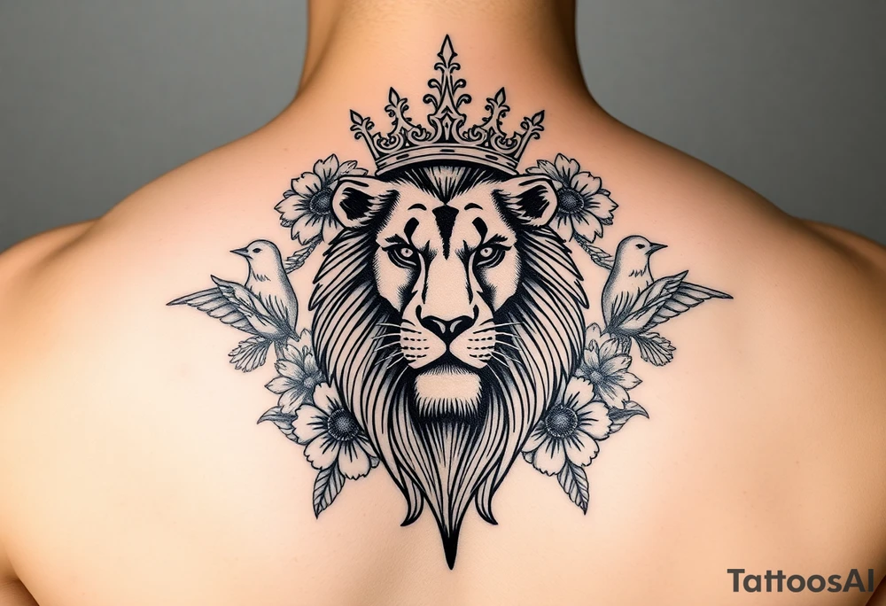powerful majestic lion with a crown, surrounded by floral ornaments and birds tattoo idea