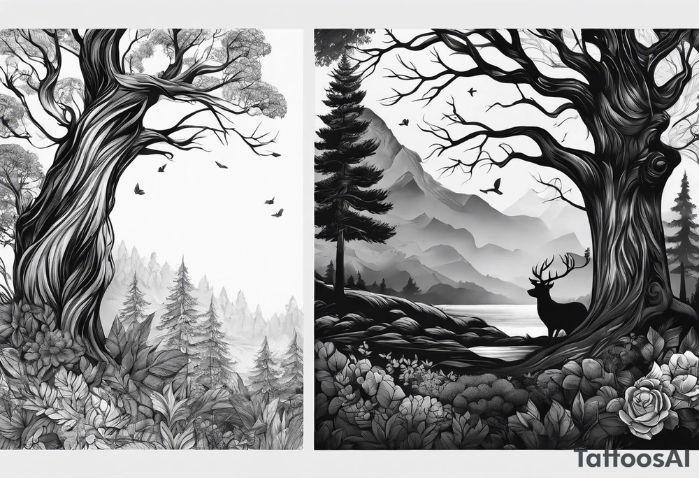 forearm sleeve, time, forest, kids tattoo idea