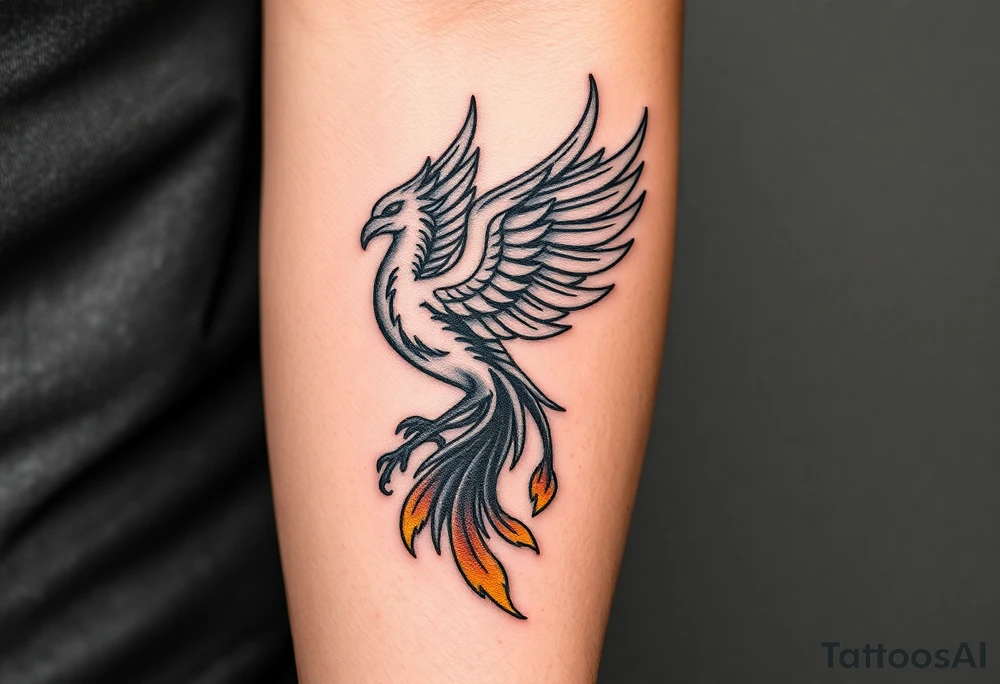 magnificent phoenix rising from golden flames with trailing embers tattoo idea