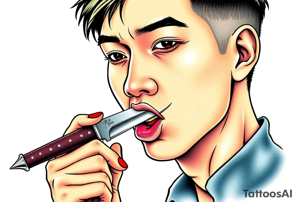 Handsome Asian young guy is licking a ritual knife tattoo idea