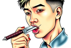 Handsome Asian young guy is licking a ritual knife tattoo idea