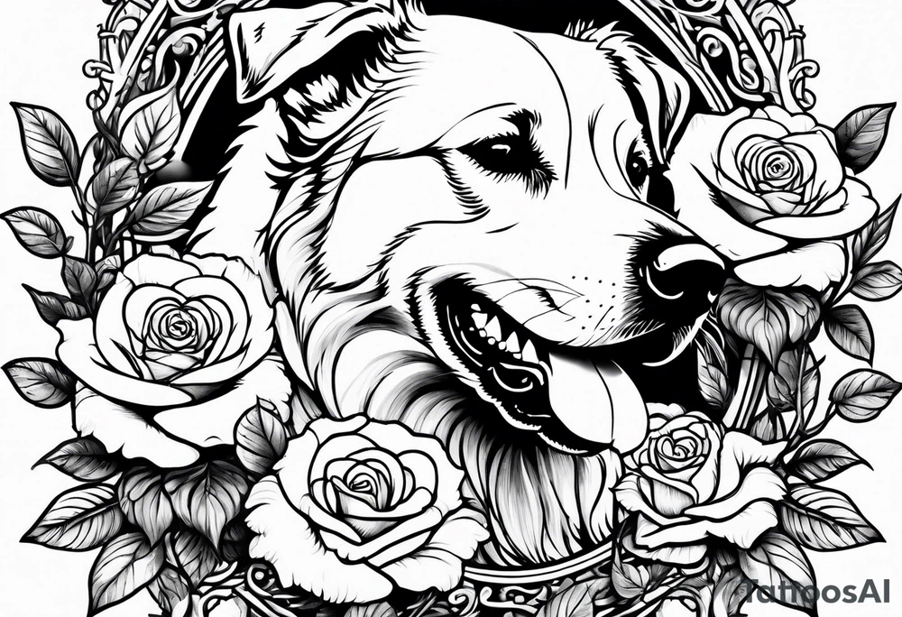 dog eating a rose bush tattoo idea