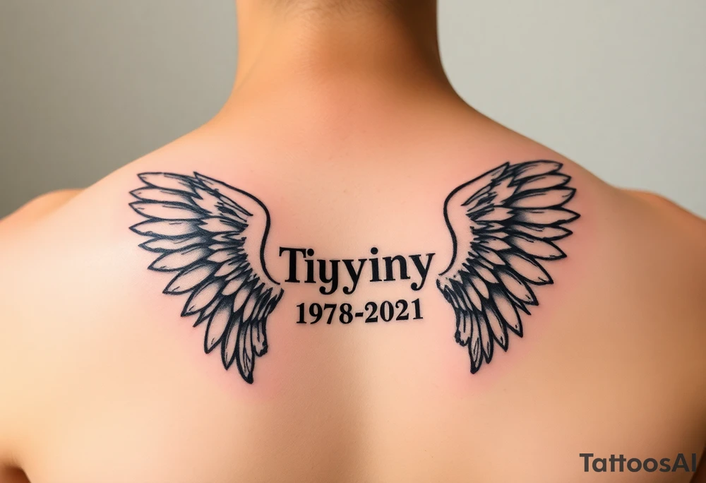 Simple Angle wings with Tiffany in the middle and 1978-2021 under it tattoo idea