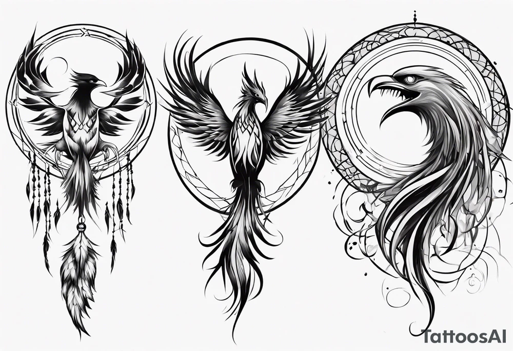 Vertical screaming Phoenix in circles with abstract dream catcher tail tattoo idea Vertical screaming Phoenix in circles with abstract dream catcher tail tattoo idea