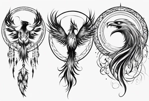 Vertical screaming Phoenix in circles with abstract dream catcher tail tattoo idea