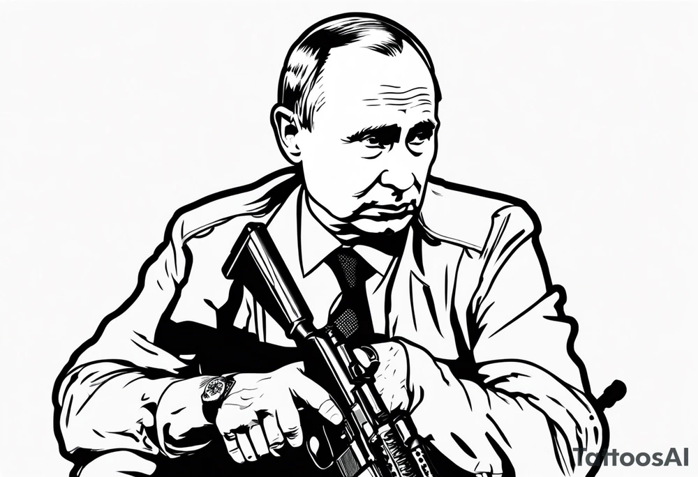 Vladimir Putin, knees on the ground. Russian grandma points Kalashnikov rifle muzzle at his head tattoo idea