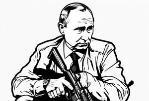 Vladimir Putin, knees on the ground. Russian grandma points Kalashnikov rifle muzzle at his head tattoo idea