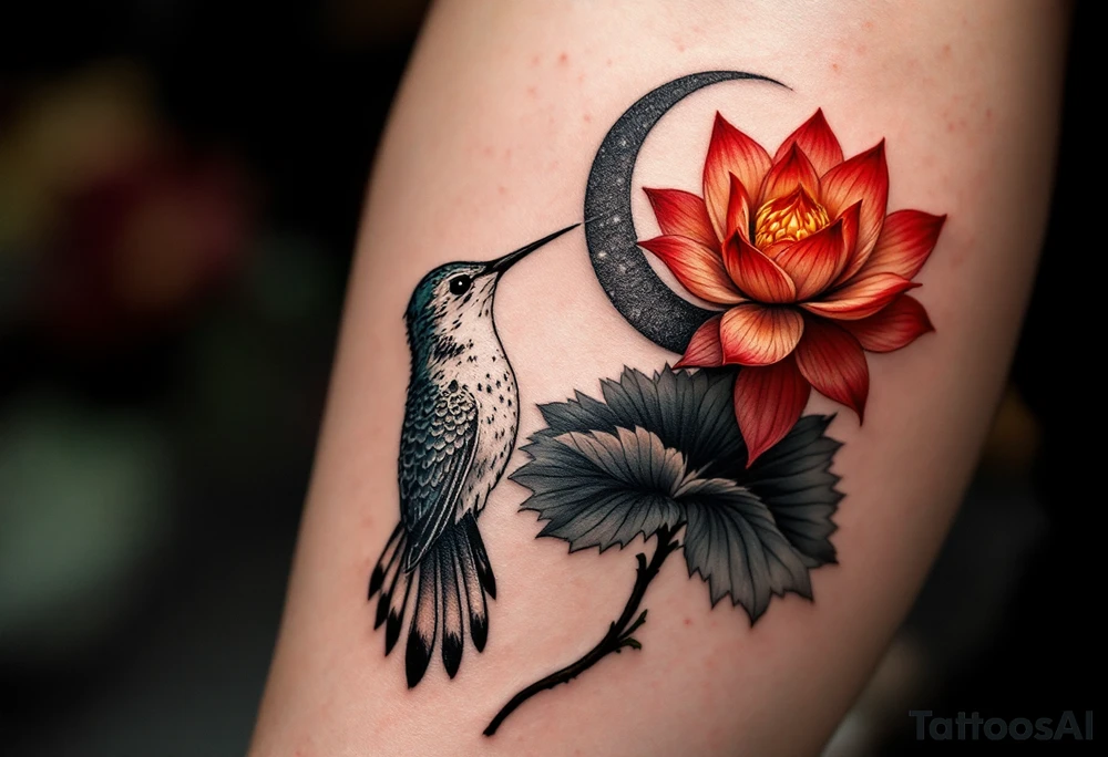 A hummingbird drinking from a lotus flower with one wing made of light (sun disc) and the other made of shadow (crescent moon) (red and black only) tattoo idea