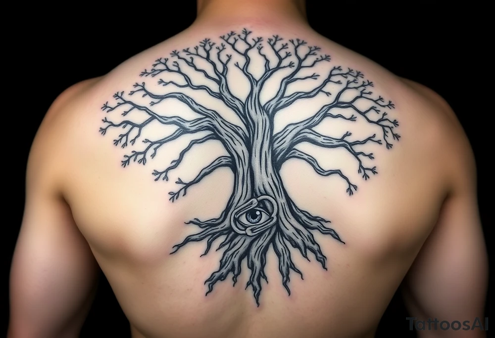 A bold blackwork tattoo of a large oak tree with exposed roots intertwined with a partly broken chain, symbolizing strength, resilience, and breaking free from limitations. The branches reach upward but also curl inward, representing complexity and introspection. Hidden within the roots or branches is a subtle watchful eye, symbolizing awareness and self-love. The bark shows fine cracks and textures to emphasize scars and the beauty of imperfection. The design balances bold graphic shapes with intricate dotwork and fine lines for a powerful yet delicate look. tattoo idea