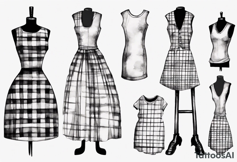 Tailor's mannequin with a little girl's plaid dress consisting of skirt and vest on top. Watercolour style tattoo idea