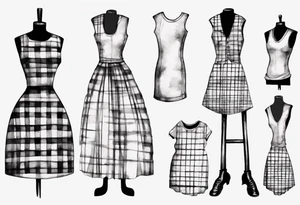 Tailor's mannequin with a little girl's plaid dress consisting of skirt and vest on top. Watercolour style tattoo idea