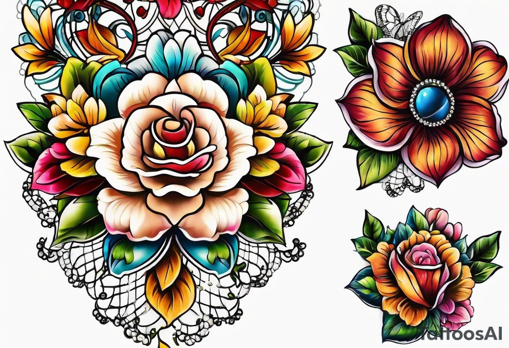 Floral leg piece with beading and lace tattoo idea. colorful, old school flowers, highly detailed, florals. white background tattoo idea