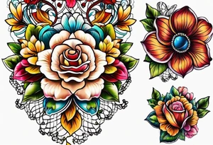 Floral leg piece with beading and lace tattoo idea. colorful, old school flowers, highly detailed, florals. white background tattoo idea