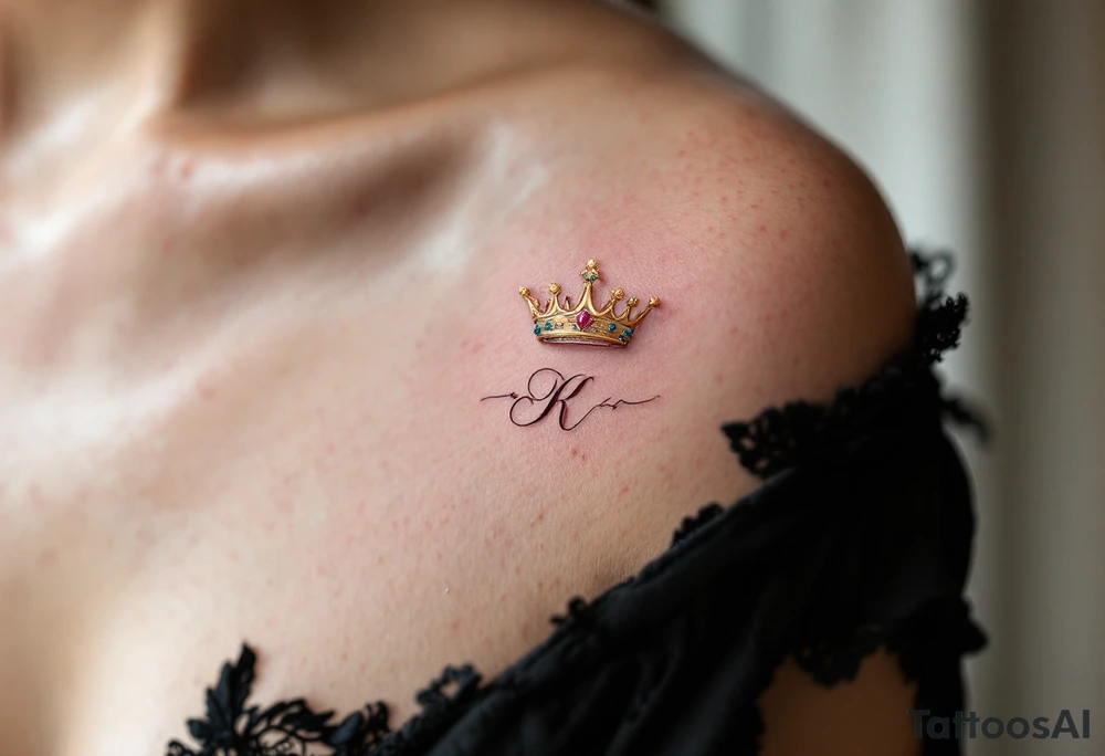 Gold-inked royal crowns with tiny emerald and ruby details, placed above matching initials. tattoo idea
