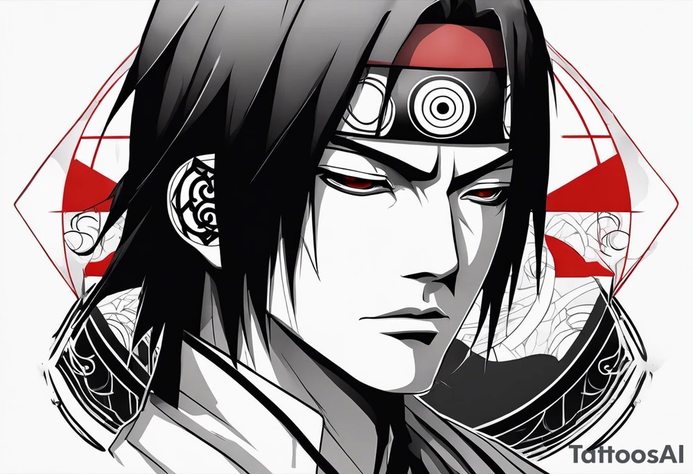 Uchiha Itachi with sharingan on tricep tattoo idea