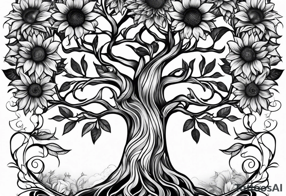 Feminine Yggdrasil tree with sunflowers tattoo idea