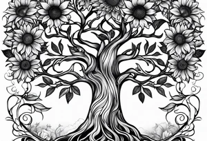 Feminine Yggdrasil tree with sunflowers tattoo idea
