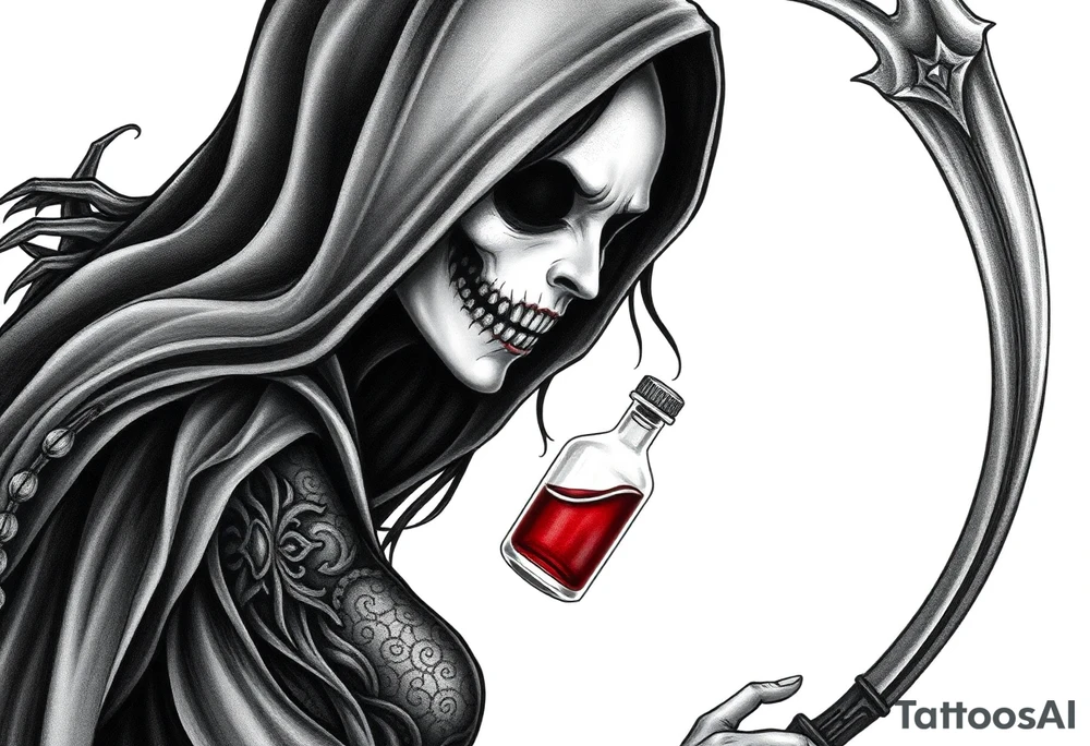 Female grim. Reaper and her
 death bringer poison bottle tattoo idea