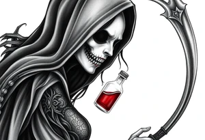 Female grim. Reaper and her
 death bringer poison bottle tattoo idea