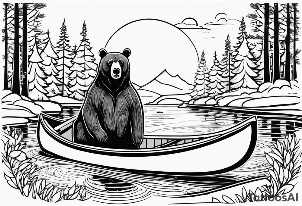 Un ours qui tient des rames dans un canoë sur un ruisseau avec des sapins tattoo idea