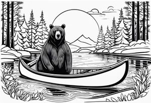 Un ours qui tient des rames dans un canoë sur un ruisseau avec des sapins tattoo idea