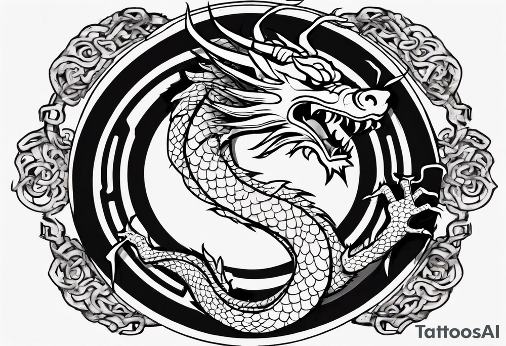 Chinese dragon in a circular shape with "02.03" written on its skin tattoo idea