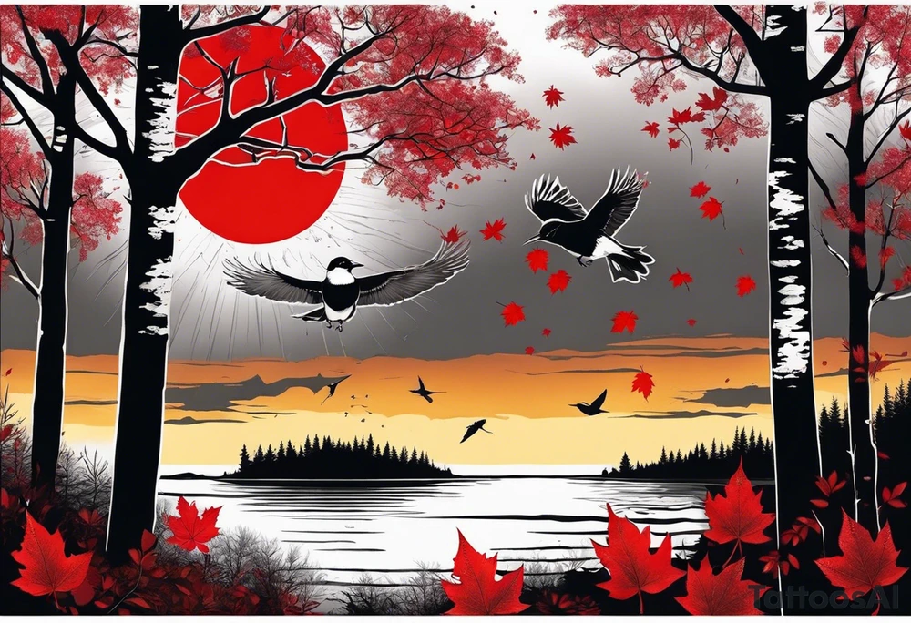 trash polka style. Arm tattoo. chest tattoo. Long tattoo. large tattoo. Full sleeve. Shoulder. A single large maple tree with red autumn leaves that branches upwards from wrist to shoulder. White-throated dipper bird on the trees branches. Calluna flowers at the base of the trees stem. Tree stem has dark colors. Red/yellow sunset behind the trees stem. Leaves falling. tattoo idea
