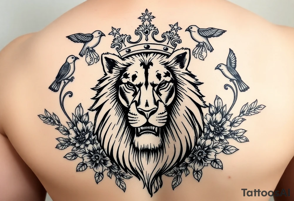 powerful majestic lion with a crown, surrounded by floral ornaments and birds tattoo idea