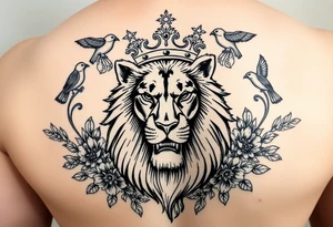 powerful majestic lion with a crown, surrounded by floral ornaments and birds tattoo idea