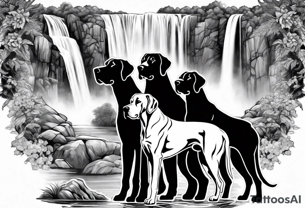 Arm sleeve- with four Great Danes in front of waterfall tattoo idea