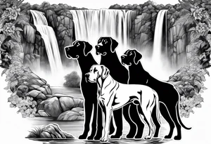 Arm sleeve-  with four Great Danes in front of waterfall tattoo idea