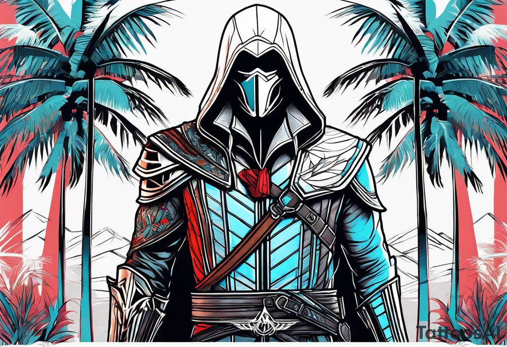 assassins creed character that is in the style of tron with palm trees tattoo idea
