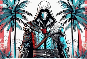 assassins creed character that is in the style of tron with palm trees tattoo idea