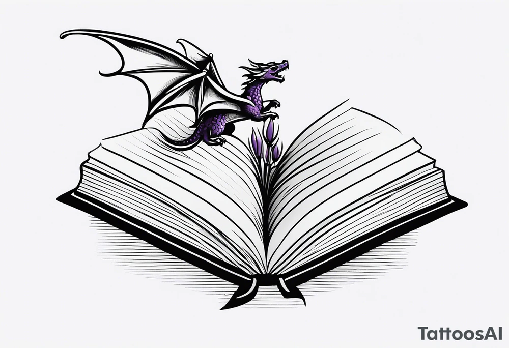 an open book. a small flying dragon. One pawn chess piece. a cluster of ‘lavender flowers’ under book tattoo idea