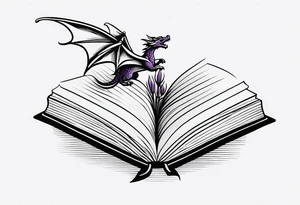 an open book. a small flying dragon. One pawn chess piece. a cluster of ‘lavender flowers’ under book tattoo idea