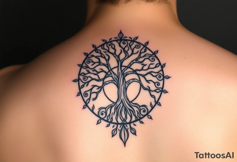 yggadrisl tree of life with circle. Jai , Phoebe, Imogen, Matilda in the circle tattoo idea