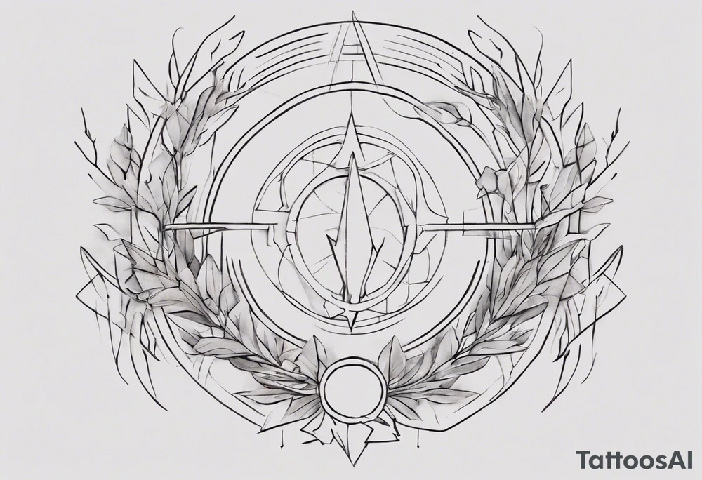 Create a small tattoo with Athena's spear and shield using geometric lines and shapes. Play with symmetry and abstraction to create a visually striking composition. Add vines gracefully intertwining at a central point in the middle of the wreath.
The intended placement is on the upper chest. The overall design should be small in size while maintaining a delicate and artistic aesthetic. Pay attention to the graceful flow of the vines and the placement of the irises to achieve a refined and elegant look. tattoo idea