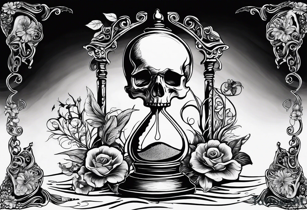 Hourglass with vines and flowers in the top bulb that are trickling like sand into the lower bulb containing a skull semi-submerged in the sand. The words “Memento Mori” are written on the hourglass tattoo idea