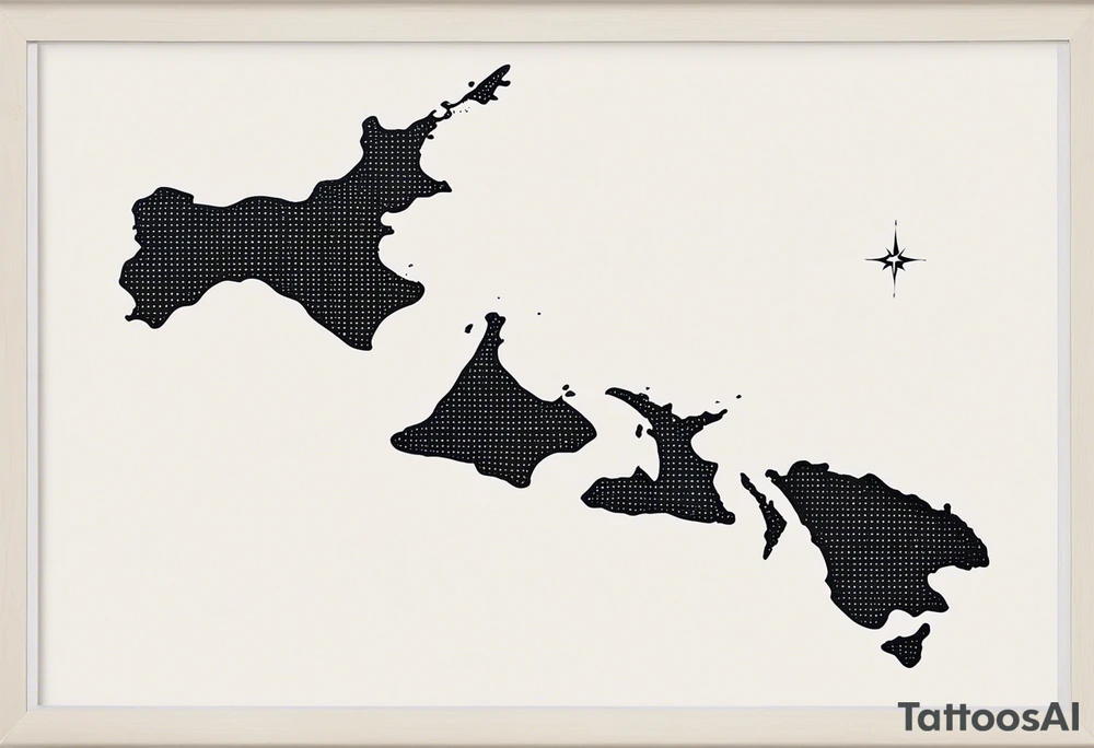 The outlines of the North and South Islands of New Zealand are clearly recognizable. A fine, dotted, or gently curved line represents the "Te Araroa" trail, winding through the islands. A small but delicate silver fern or wind grass or moutains or something else that reminds me of the beautiful nature of new zealand is integrated, possibly complementing the island contours tattoo idea