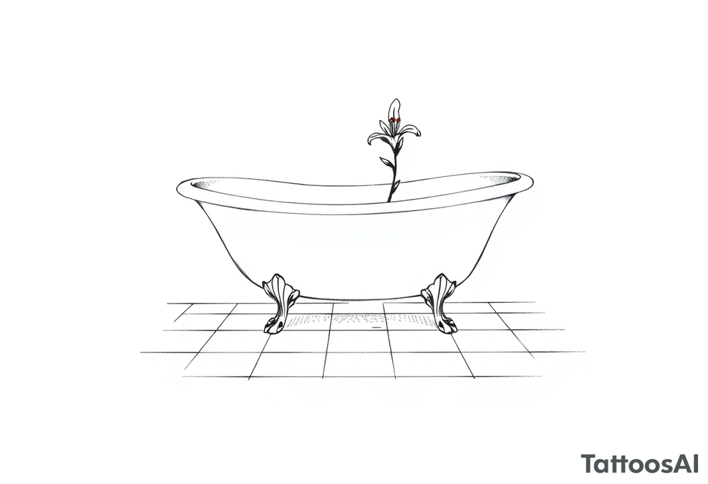 Clawfoot bathtub with lily coming up from tile floor tattoo idea
