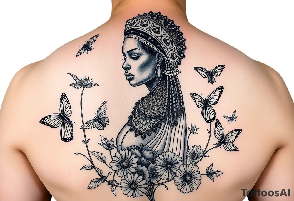 Nubian Queen in a garden with birds and butterflies tattoo idea