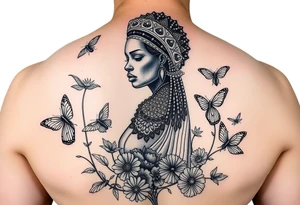 Nubian Queen in a garden with birds and butterflies tattoo idea