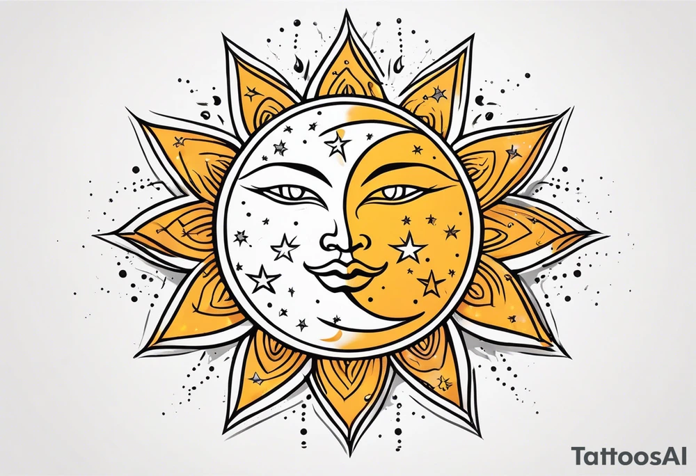 Western sun stars and moon. Mirrored with swirls and dots and stars tattoo idea