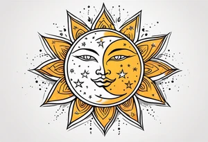 Western sun stars and moon. Mirrored with swirls and dots and stars tattoo idea