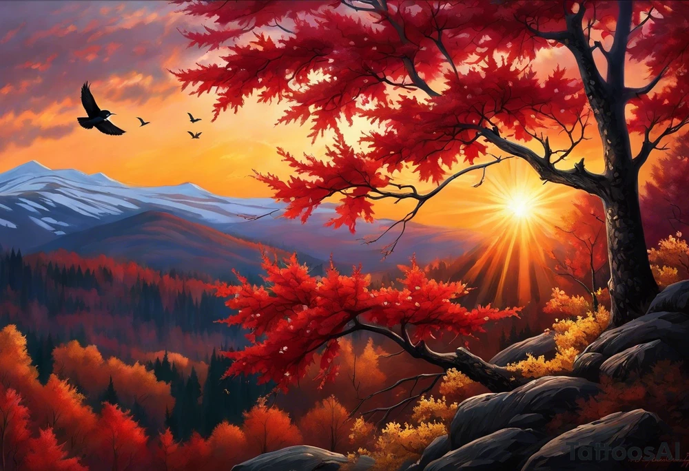 Arm tattoo. Long tattoo. Full sleeve. Shoulder. A maple tree with red autumn leaves that branches upwards. White-throated dipper bird on the trees branches. Calluna flowers at the base of the trees stem. Tree stem has dark colors. Red/yellow sunset behind the trees stem. Leaves falling. tattoo idea